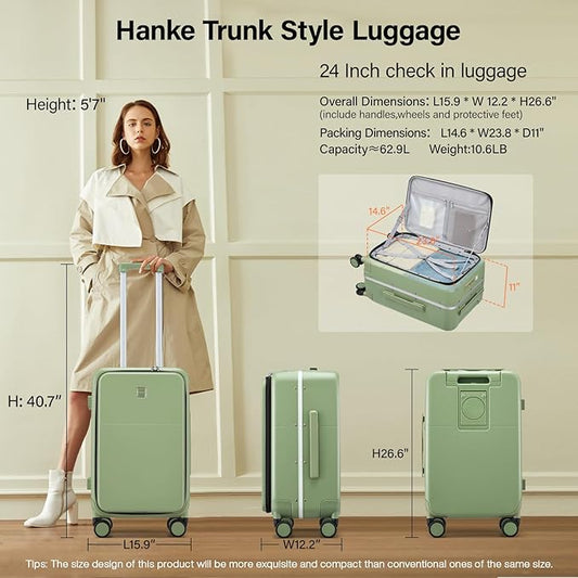 Hanke 24 Inch Luggage with Cup Holder and Charge,Top Opening Hard Shell Suitcases with Wheels and Dividers,Aluminum Frame Trunk Luggage Medium Checked Suitcase with Lock for Travel，Bamboo Green