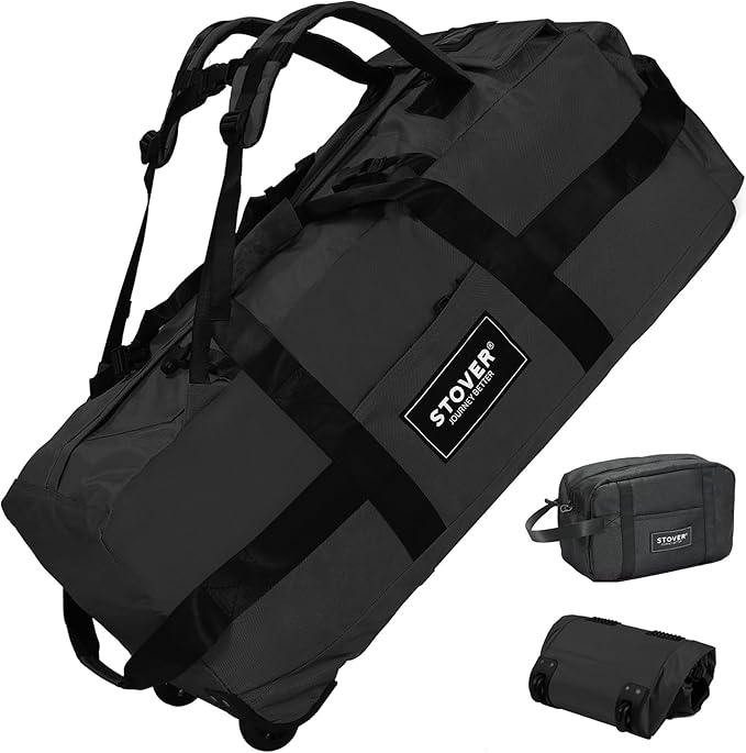 STOVER 80L Rolling Duffel Bag with Wheels, Large Durable Travel Duffle + Toiletry Bag, Heavy Duty, Packable, Foldable with Shoulder Straps- Use as Luggage or Backpack, Men/Women (Black)