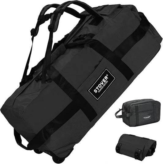 STOVER 80L Rolling Duffel Bag with Wheels, Large Durable Travel Duffle + Toiletry Bag, Heavy Duty, Packable, Foldable with Shoulder Straps- Use as Luggage or Backpack, Men/Women (Black)