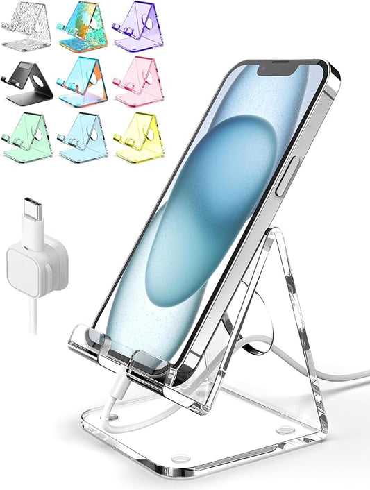 TOPGO Acrylic Cell Phone Stand, Clear Phone Holder for Office Desk, Vanity, Kitchen, Bedside Table, Compatible with iPhone 17/Smartphones/iPad/Switch/Kindle, Office Desk Accessories