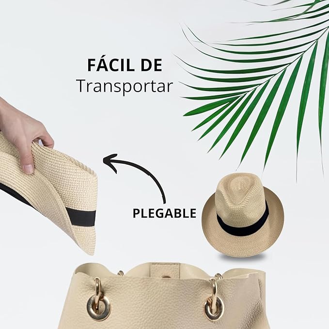 Unisex Panama Straw Hat Summer Foldable Beach Fedora UV Sun Protection for Women Outdoor Travel