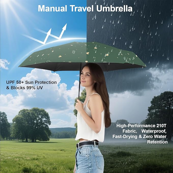 Compact Travel Umbrella - Mini Manual Umbrella for Purse, Windproof & UPF 50+ Sun & Rain Protection, Lightweight Portable Folding with Case for Women, Men，Kids