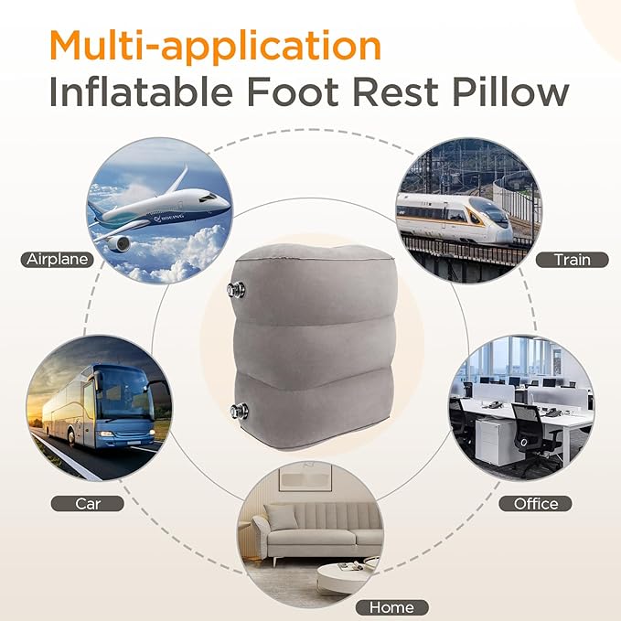 HOMCA Inflatable Travel Foot Rest Pillow (2-Pack) Adjustable Height Leg Pillow Fast Inflating Airplane Bed for Toddlers Footrest Pillow for Office, Airplane, Train, Cars, Home (Grey)