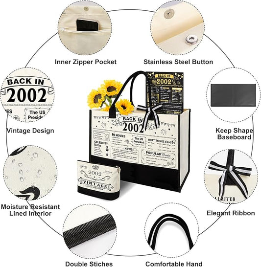 YeohJoy 23rd Birthday Gifts for Her Canvas Tote Bag Travel Gear, Unique 23 Years Old Birthday Gifts for Girlfriend Sister Friends Women,Vintage 2002 Handbag & Cosmetic Bag & Back in 2002 Poster