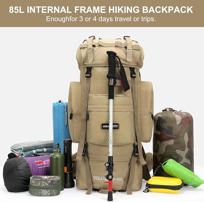 IX INOXTO 85L Lightweight Internal Frame Hiking Backpack for Men Women, Waterproof Travel Camping Backpack with Rain Cover (Khaki)