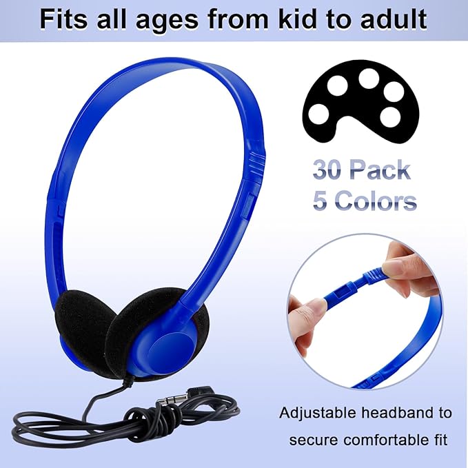 Yunsailing 30 Pack Bulk Headphones Set Over Ear Headphones with Adjustable Headband 3.5mm Plug Headsets Earphones for Learning Program, Computer Lab, Library, Testing & Multimedia Use (Vivid Color)