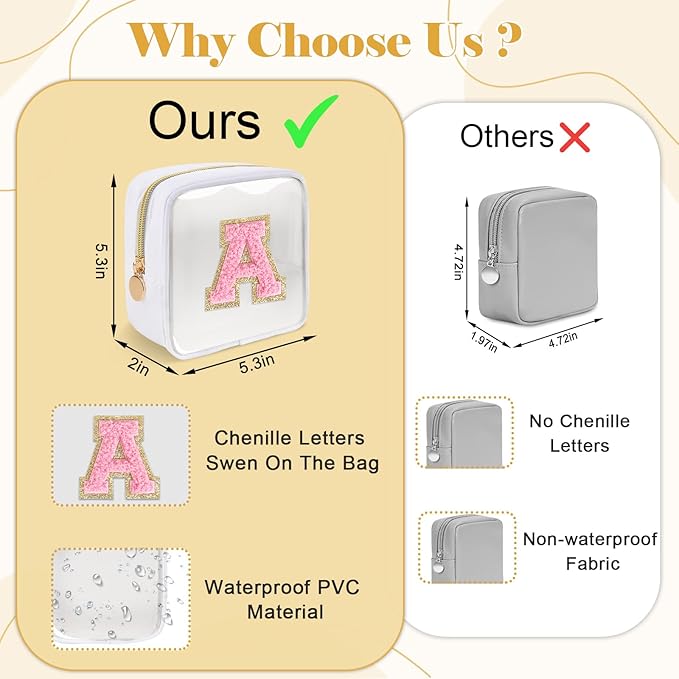 Personalized Initial Letter Clear Preppy Makeup Bag,Mini Nylon Chenille Letter Cosmetic Bag Cute Zipper Pouch Purse for Teen Girls,Portable TSA Approved Beach Travel Essentials Bag Gift for Women,E