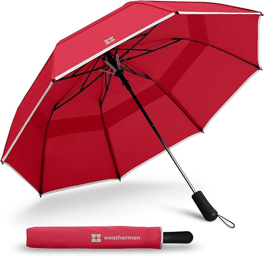 Weatherman Premium Collapsible Travel Umbrella - Windproof, Compact, Easy Auto Open - Resists Up to 55 MPH Winds - Perfect for Rain, Wind, Backpack, Car - Folding Umbrella (Red)