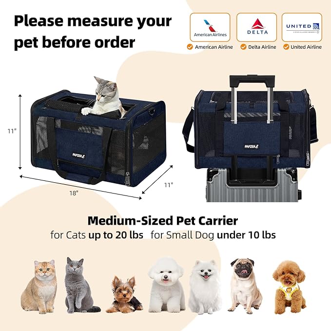 Cat Carrier Soft-Sided 18x11x11 Inch Travel Bag for Medium Cats Over 15lbs, Small Dog Carrier Crate Top Entry Breathable Mesh Puppy 12 Pounds, Pet Rabbit Carrying Cage Kennel Collapsible Navy