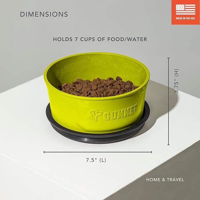 GUNNER Dog Bowl with Spill-Proof Travel Lid – 7.5" x 3.75", 1.3 lb, 7-Cup Capacity, BPA-Free, Rust-Proof, Shock-Resistant, Stackable, Dishwasher Safe, Leak-Resistant Nesting Lid – Yellow Green