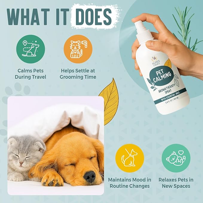 ALFIE'S CHOICE Pet Calming Aromatherapy Spray | 3 fl oz | for Dogs & Cats | Water Based Botanical Mist with Lavender, Ylang Ylang & Valerian | Promotes Calm and Relaxed Environment