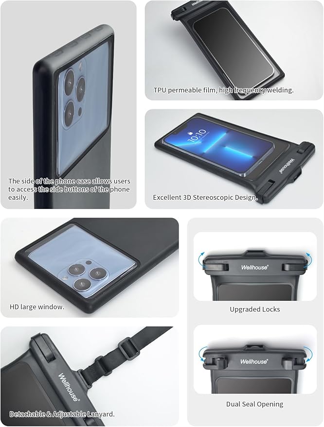 wellhouse Waterproof Phone Pouch, Waterproof Phone Case for iPhone 16 15 14 13 12 Pro Max XS Samsung, IPX8 3D Cellphone Dry Bag Beach Essentials (2 Pack - Black & White8.0, 8 inch)