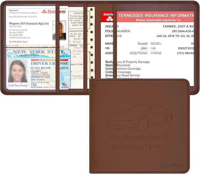 Car Insurance and Registration Holder, 5.5 x 5 Inch PU Leather Vehicle Glove Box Organizer Wallet Case for Insurance Card, Driver License, Paperwork - Brown