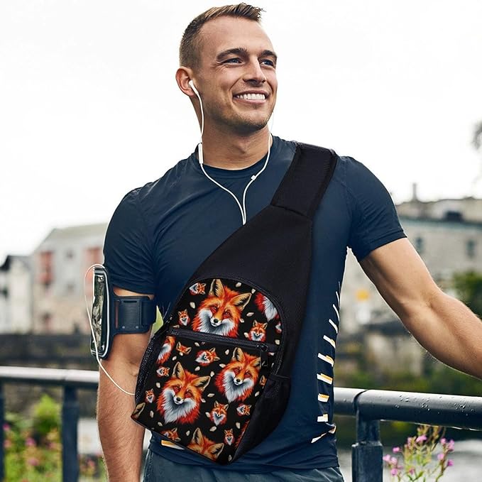 SWEET TANG Fashion Sling Backpack for Men Women, Lightweight Sling Shoulder Bag, Outdoor Chest Crossbody Bike Gym Runner Daypack with Adjustable Strap, Fox Face Art