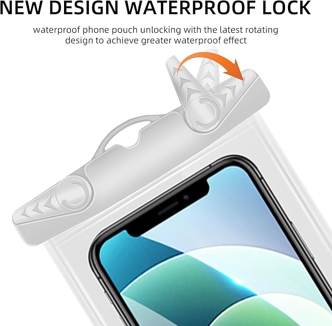 Waterproof Phone Pouch, New Lock Design Waterproof Phone case with Lanyard IPX8 Waterproof Dry Bag Universal Beach Cruise Essentials White
