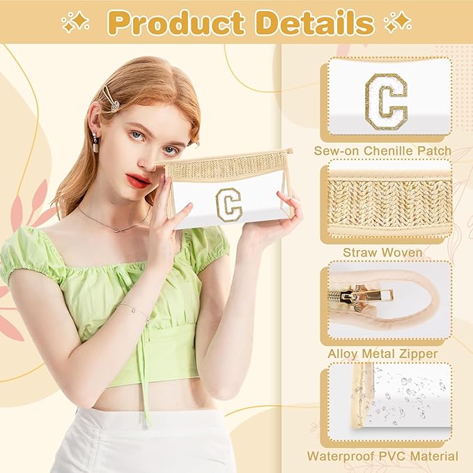 Personalized Initial Letter Bag Boho Straw Clear Makeup Bag,Small Cute Chenille Varsity Letter Bag With Zipper,Beach Travel Toiletry Bag,Portable Monogrammed Cosmetic Bag for Women Girls,C