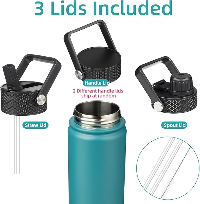 22oz Stainless Steel Bottles with 3 Lids Sport Insulated Water Bottle,Light Blue