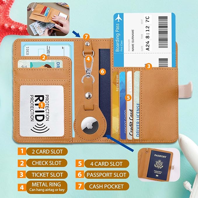 Passport Holder with Airtag for Women/Men,Airtag Passport Wallet for Travel,Cute Passport Holder Rfid Blocking,Travel Wallet for Cards Passport Cover Case (Coffee)