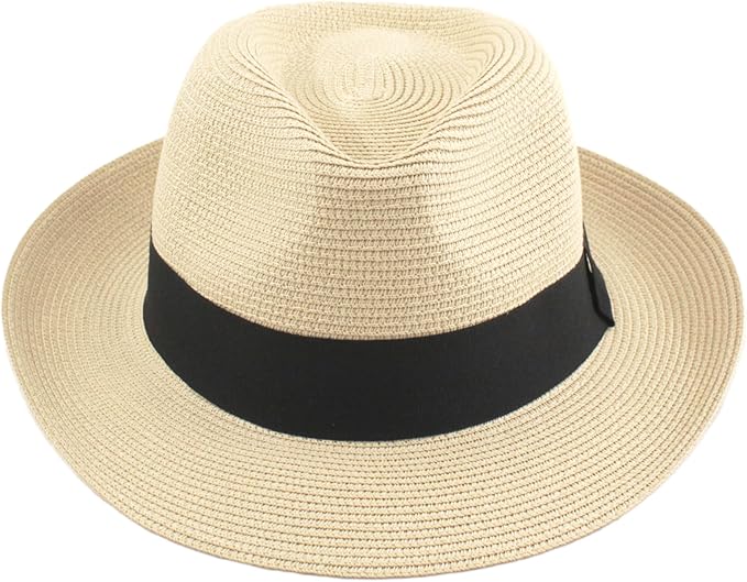 Unisex Panama Straw Hat Summer Foldable Beach Fedora UV Sun Protection for Women Outdoor Travel
