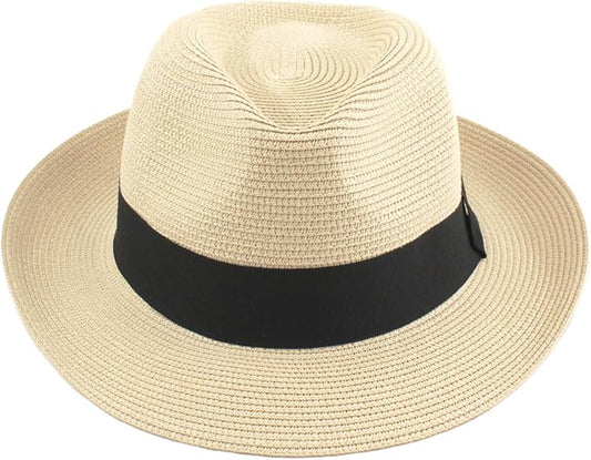 Unisex Panama Straw Hat Summer Foldable Beach Fedora UV Sun Protection for Women Outdoor Travel