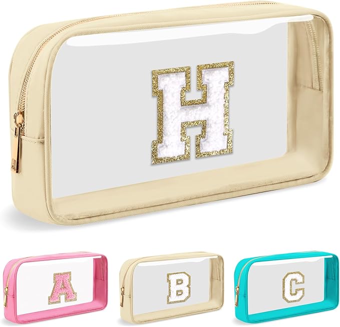 Personalized Initial Letter Clear Makeup Bag,Preppy Small Nylon&PVC Cosmetic Zipper Bag with Chenille Letter,Portable Beach Travel Skincare Toiletry Bag,Trendy Monogram Gift for Teen Girls Women,H