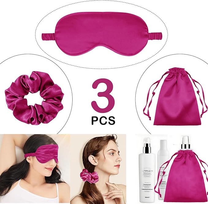 3Pcs Satin Eye Mask Silk Sleep Masks Set Silky Blindfold Eyeshade Blackout Eyes Cover Pouches Bag Scrunchy Wedding Gift
