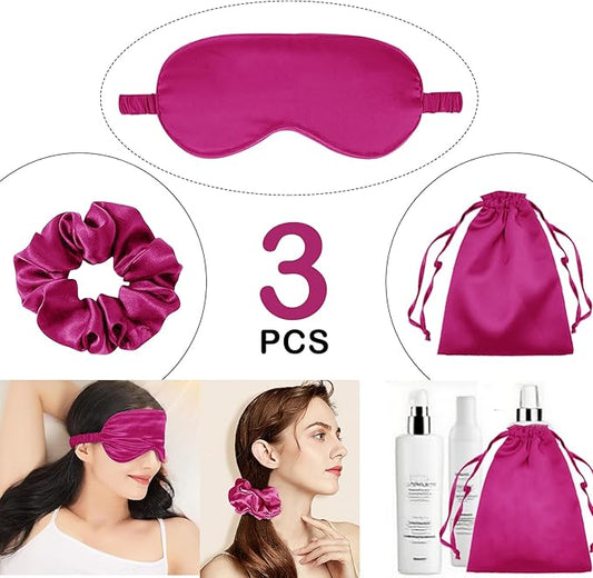 3Pcs Satin Eye Mask Silk Sleep Masks Set Silky Blindfold Eyeshade Blackout Eyes Cover Pouches Bag Scrunchy Wedding Gift