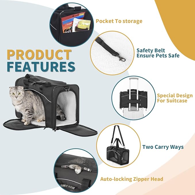 Petsfit Airline Approved Pet Carrier for Small Cats, 15x8x10 TSA Approved Carrier, with Removable Dual-Sided Padding (2-Way Placement) - Fits Under Most Airplane Seats, Escape Proof (Black)