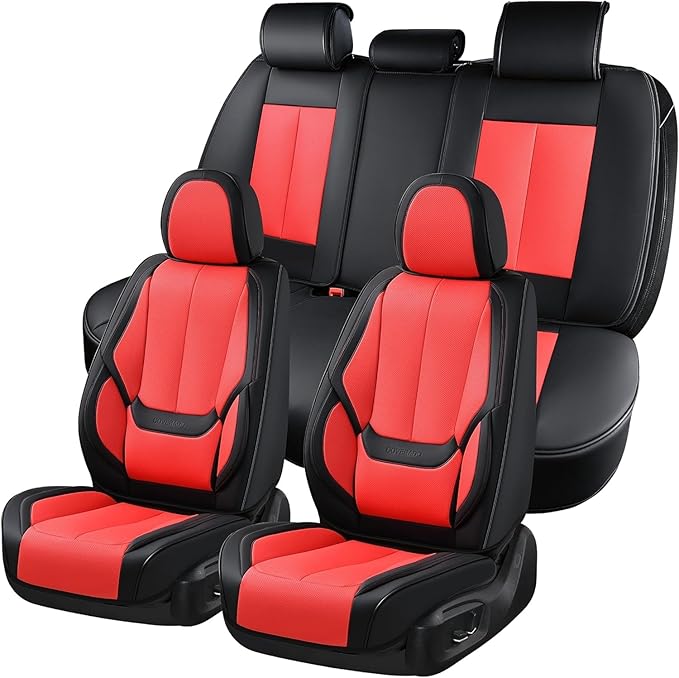Coverado Car Seat Covers Full Set, Seat Covers for Cars, Car Seat Protector Waterproof, Nappa Car Seat Cushion, Car Seat Covers Front Seats and Back Fit for Most Cars BlackRed