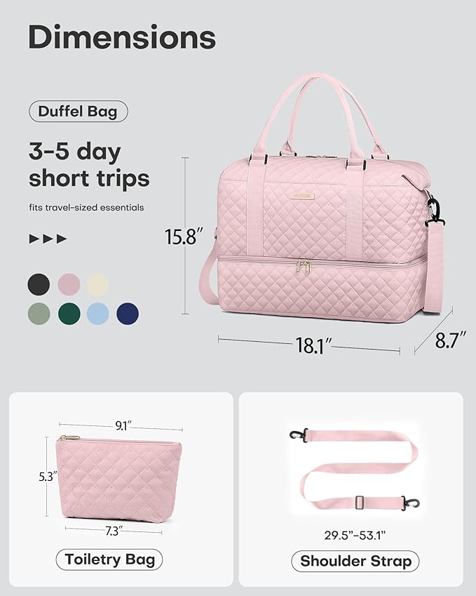 HOTOR Travel Duffel Bag - Weekender Bags for Women, Carry On Overnight Bag with Shoe Compartment, with Toiletry Bag for Travel Essentials and Travel Accessories, Pink, 15.8"×18.1"×8.7"