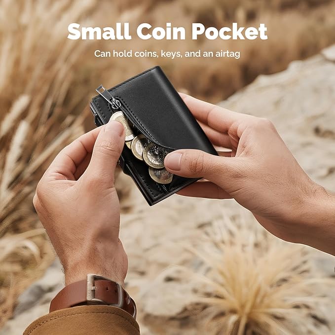 YESIIW Slim Wallet for Men Pop Up Card Holder: Aluminum Case, Premium Leather, Smart, RFID Blocking, Minimalist, Front Pocket - 9-11 Card Capacity | ID Window | Cash Slot (Black)