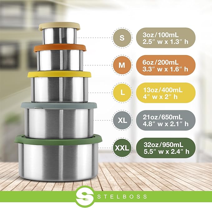 Stelboss Stainless Steel Containers with Lids, Set of 5, Leakproof Stainless Steel Food Containers, Metal Food Storage Container, Stackable Toddler Snack Containers, Lunch Box Containers