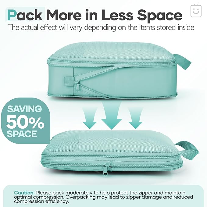 Veken 11 Set Compression Packing Cubes for Travel Essentials,Compressible Expandable Large Luggage Suitcase Organizer Bags for Clothing,Durable Space Saver Storage Bags with Toiletry Bags(Blue Green)