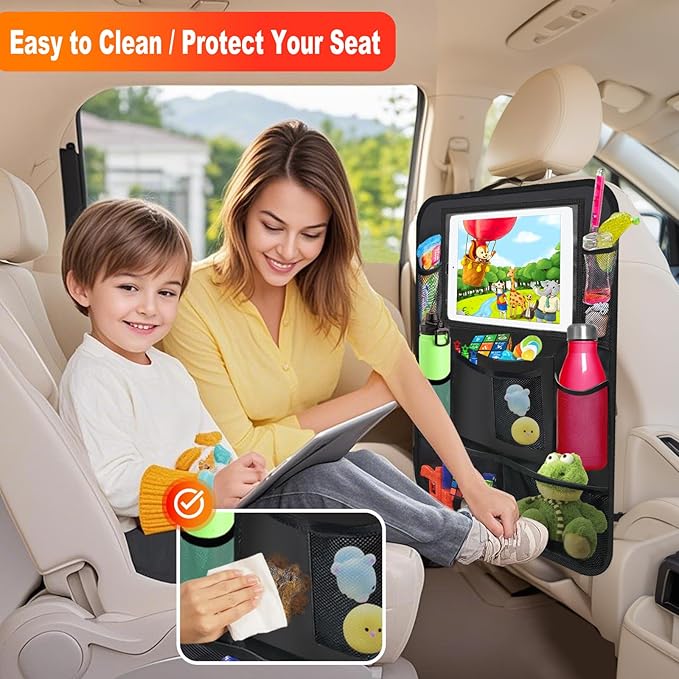 Car Backseat Organizer ，2 Pack Car Organizer Back Seat with 11" Tablet Holder, 10 Storage Pockets Seat Back Protectors Kick Mats for Kids Toddlers, Travel Accessories (Black)