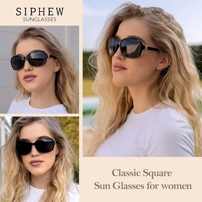 SIPHEW Polarized Sunglasses for Women | Vintage Square Sunglasses w UV400 Protection | Womens Wraparound Shade