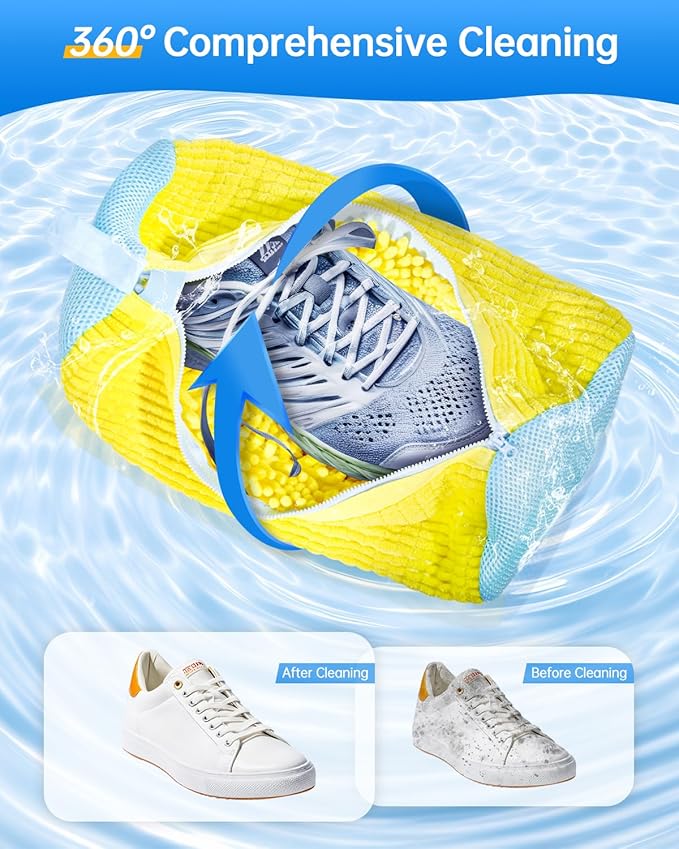 Shoe Washing Machine Bag – Reusable Laundry Shoe Bags for Washer and Dryer, Durable Chenille Microfiber with 360° Cleaning, Hidden Zipper Design for Sneakers, Tennis Shoes, Yellow, 2-Pack