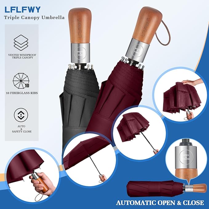 Umbrellas for Rain, 47" Large Windproof Travel Umbrella, Triple-Layer Vented Canopy, 10 Fiberglass Ribs, Auto Open Close Compact Umbrella, Wooden Handle, Heavy Duty for Commute, Gifts for Men & Women