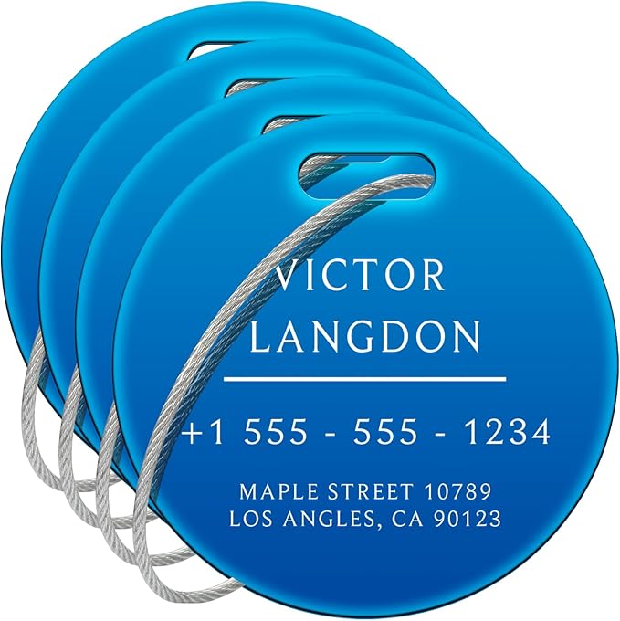 Stainless Luggage Tags for Suitcases 4 Pack: Metal Personalized Luggage Tags for Backpacks & Bags with Customizable Texts (Blue)