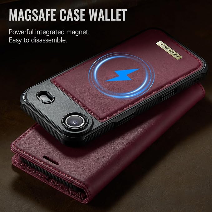PlusnapX Wallet Case for iPhone Air Compatible with Magsafe, 2-in-1 PU Leather Flip RFID Blocking Card Holder Stand ShockAirof Magnetic Detachable Case for iPhone 17 Air Case 6.5", Burgundy