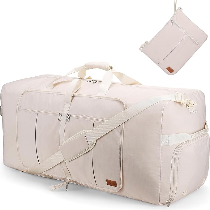 120L Travel Duffle Bag for Men and Women, Urtala 34” Large Duffle Bag for Traveling with Shoe Compartment, Foldable Duffel Bag Water & Tear Resistant (Beige)