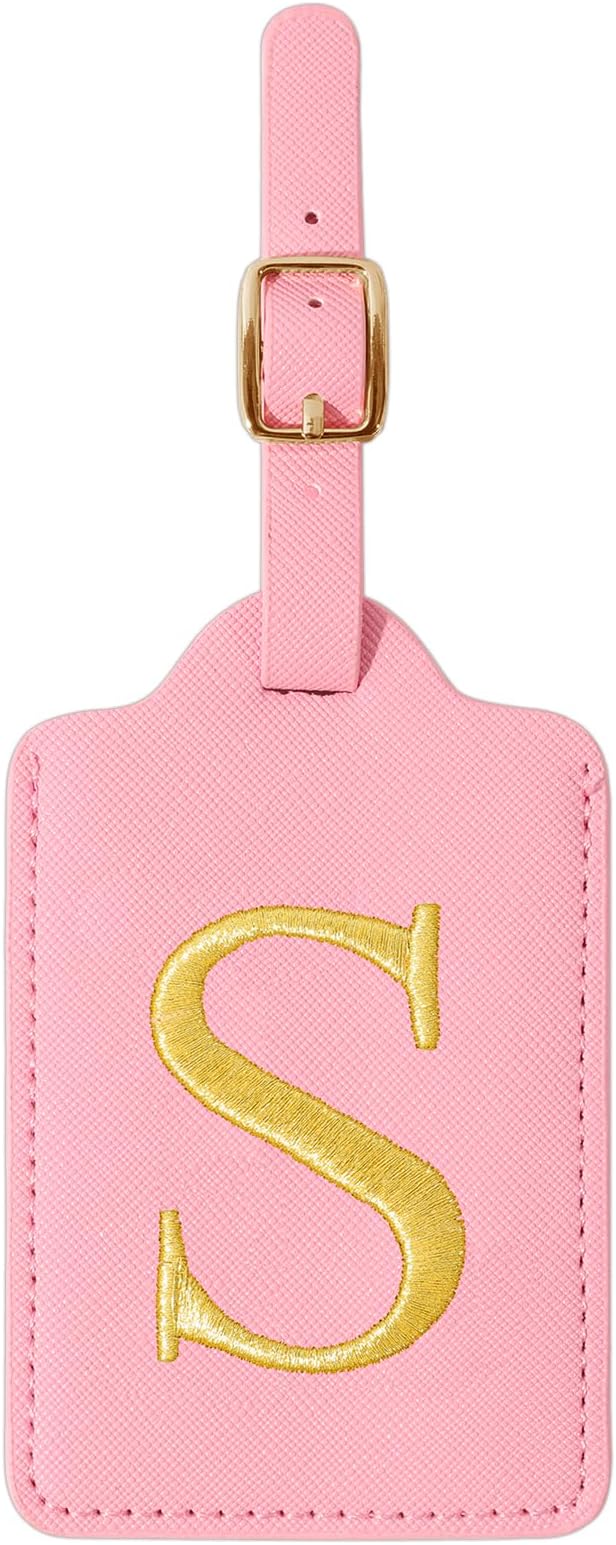 Personalized Initial Luggage Tags for Suitcase, Pink Leather Cute Luggage Tags with Privacy Cover Name Card, Embroidered Custom Monogrammed Luggage Tag Travel Bag Baggage Tags Gifts for Women Kids(S)