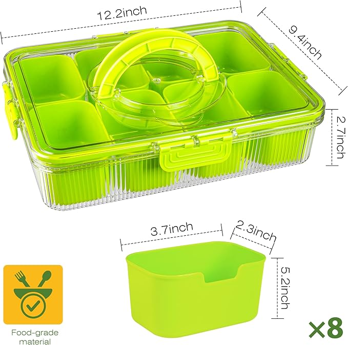 Patent Design Ribbed Snackle Box Container Divided Serving Tray with Lid and Handle -Charcuterie Container Portable Storage Organizer for Candy, Fruit, Beach, Picnics（1 pcs, Green）