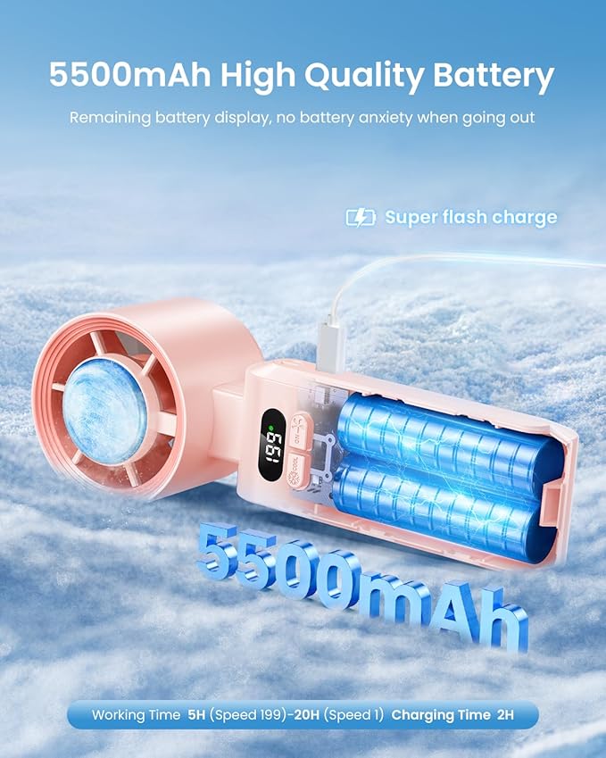 Handheld Portable Turbo Fan with Ice Cooler, Speed (1-199) 5500mAh Rechargeable Personal Fan,[20H Cooling Time] Mini Yet Powerful [20000 RPM] Small Pocket Fans for Travel/Outdoor/Home/Office, Pink