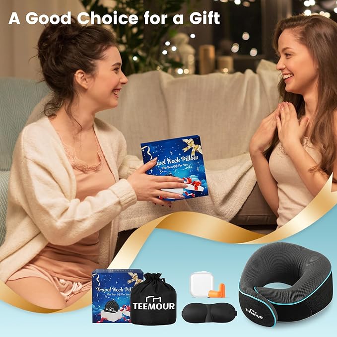 Teemour Upgraded Neck Pillow for Airplane Travel - 360° Support, Memory Foam Travel Pillow with Eye Mask & Earplugs, Portable Carry Bag for Long Flights/Car| Best Airplane Accessories Dark Grey