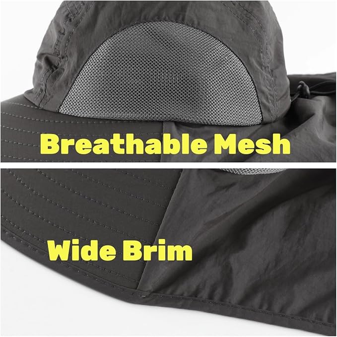 LLmoway Wide Brim Sun Hat with Neck Flap for Men Women Summer Outdoor UV Protection Breathable Fishing Hats with Strap