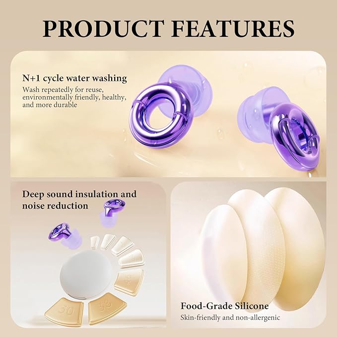 Noise Cancelling Ear Plugs 45dB – Reusable Silicone Earplugs for Sleeping, Snoring, Travel, Concerts & Work with 8 Eartips – Soft Comfortable Hearing Protection (Purple, One Size)