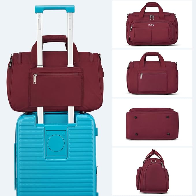 HanTrip Carry on Duffel Bag Foldable Duffle Bags for Travel, Under Seat Personal Item Bags for Airplanes, Weekender Overnight Mens Travel Tote Bag for Women Small Softside Carry on Luggage (Burgundy)