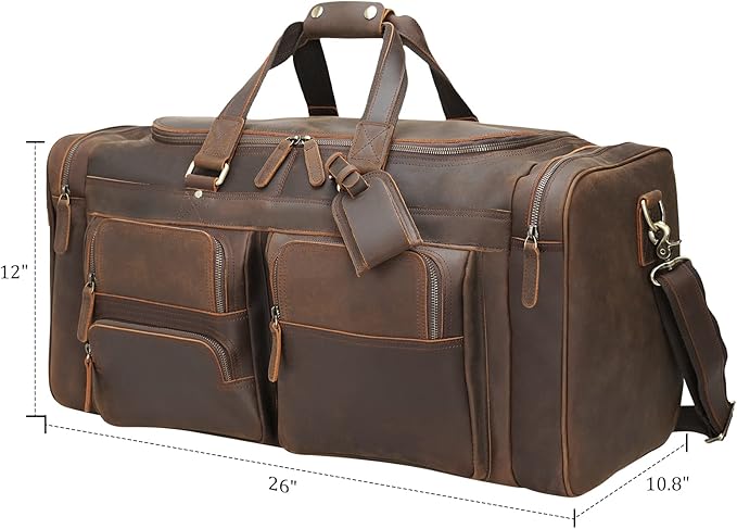 Polare 26" Leather Duffel Weekender Travel Bag For Men With Full Grain Cowhide Leather 56L