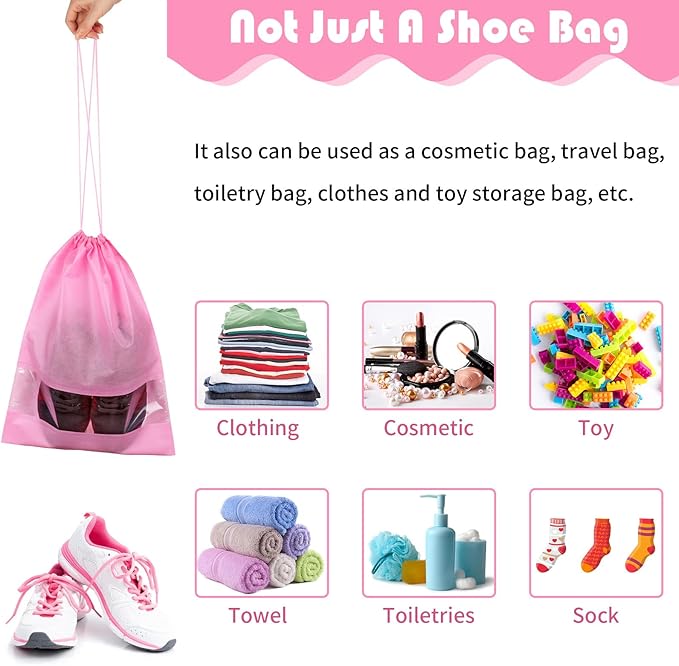 Large Pink Travel Shoe Bags - 10 Pcs, Non-Woven Drawstring with Clear Window (12.6" X 17.3")