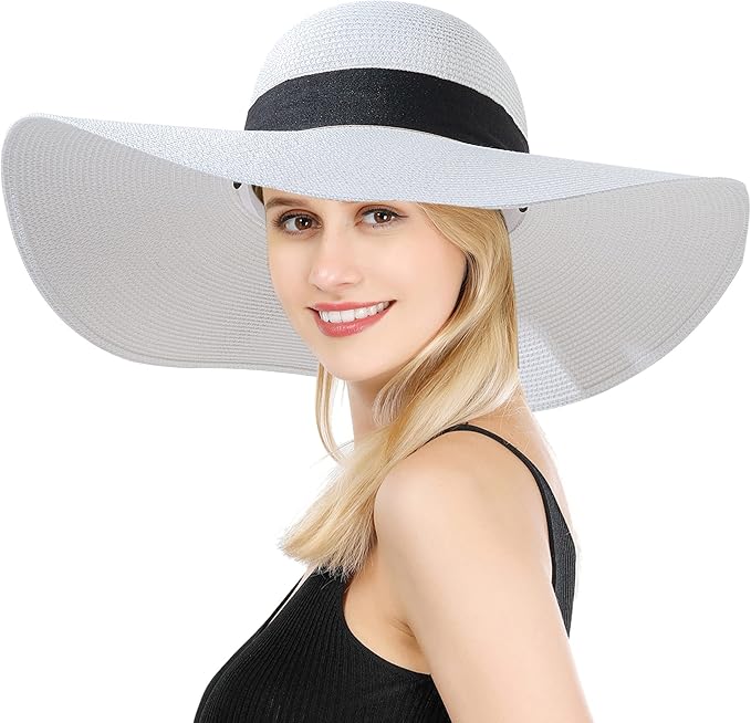 Lanzom Womens Wide Brim Straw Hat Big Floppy Foldable Roll up Cap Beach Sun Hat UPF 50+